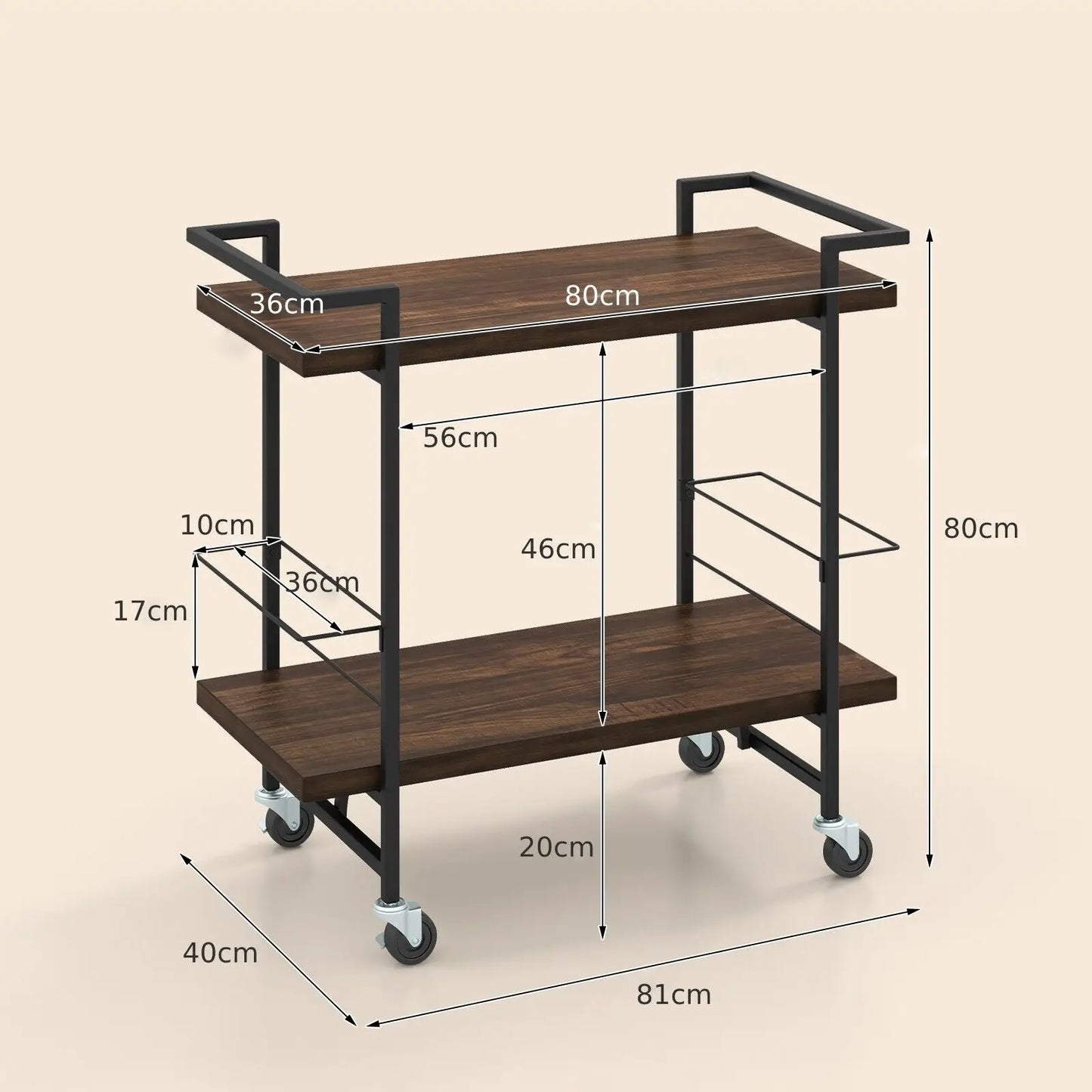 GOFLAME 2-tier Home Bar Cart Kitchen Dining Storage Mobile Cart w/Lockable Wheel