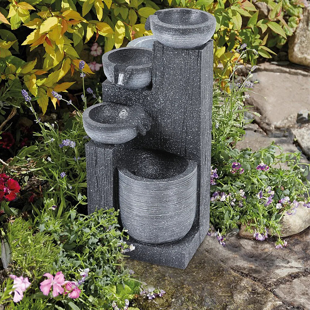【Breeins】Rustic Outdoor Floor Water Fountain High with LED Light Cascading Bowls for Garden Patio Backyard