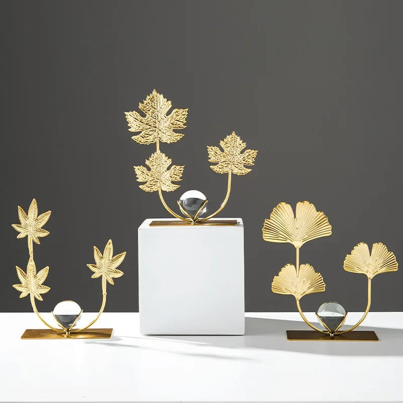 Gold Ginkgo Leaf Iron Crafts Decoration Light Luxury Crystal Ball Ornaments Living Room TV Wine Cabinet Xuan Guan Handicrafts