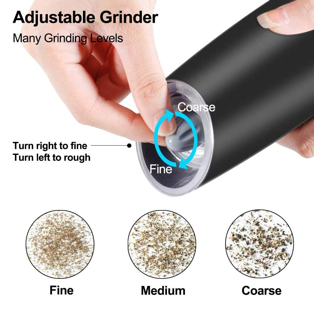 Gravity Electric Pepper and Salt Grinder Set Adjustable Coarseness Battery Powered with LED Light Stainless Steel Black 2 Pack