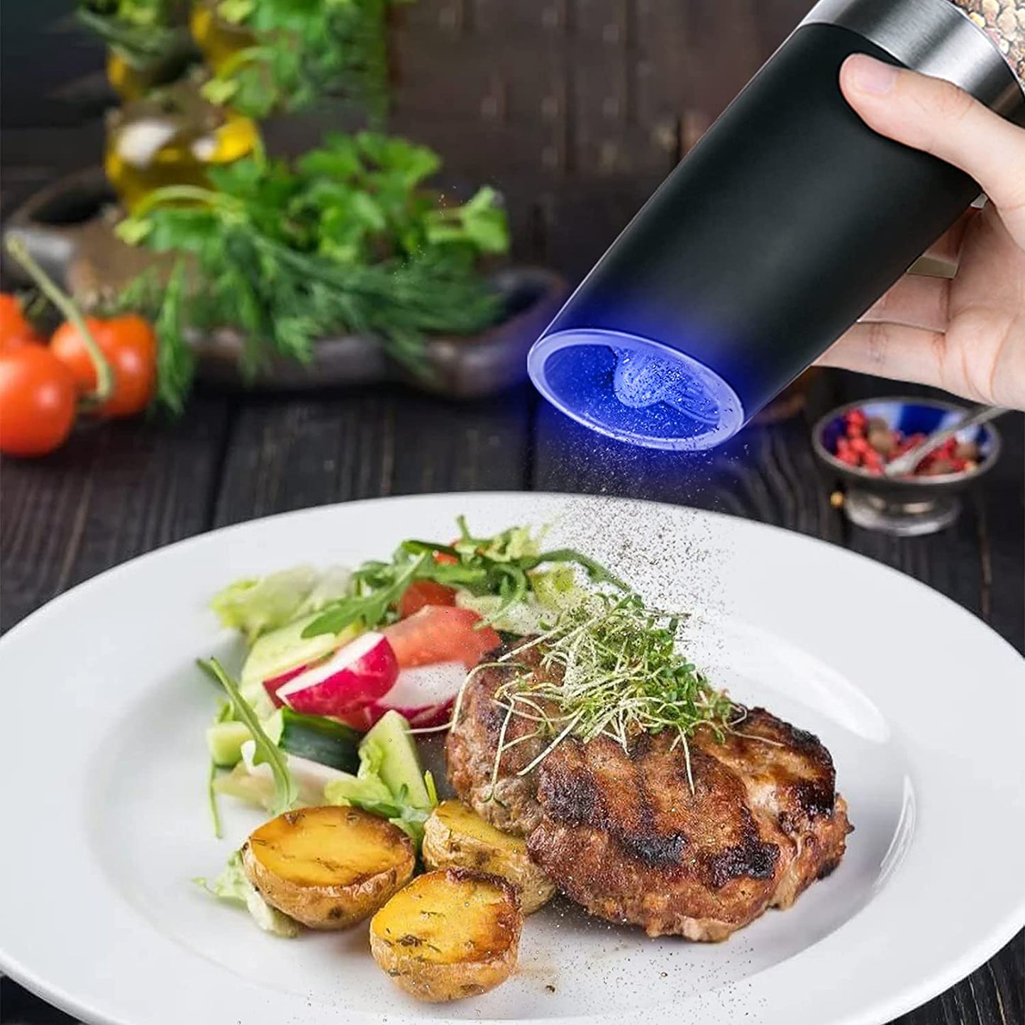 Gravity Electric Pepper and Salt Grinder Set Adjustable Coarseness Battery Powered with LED Light Stainless Steel Black 2 Pack