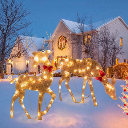 Lighted Deer Christmas Outdoor Decoration Reindeer Family Moose Lighted Holiday Display with Bell Bow Deer Lawn Garden Decor