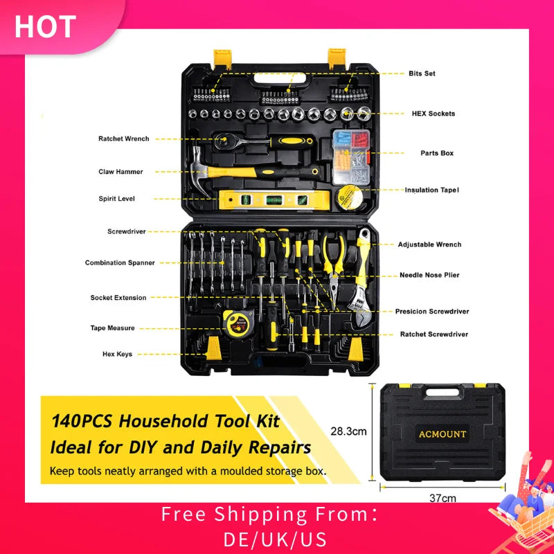 140PCS Home Tool Kit with Storage Case, Portable DIY Hand Tool Set for Home Repair, Beginner and Household College Student Use