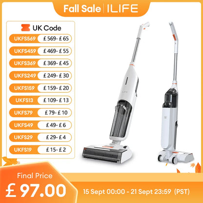 Ilife W90 Cordless Wireless Wet Dry Smart Mop Washing, 5500Pa Suction, 1 Min Self Cleaning, Large Dual Water Tank