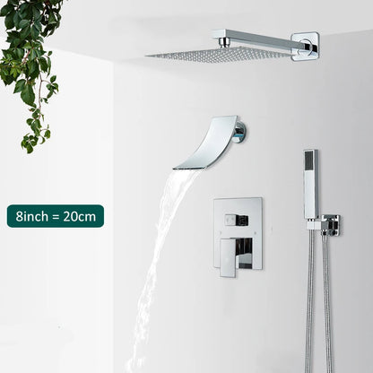 Quyanre Wall Mount Bathroom Rain Waterfall Shower Faucets Set Concealed Chrome Shower System Bathtub Shower Mixer Faucet Tap