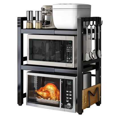 Expandable Microwave Oven Rack 2 Tier microwave shelf, with 6 hooks Adjustable Width Kitchen Counter Organizer Shelf Stand