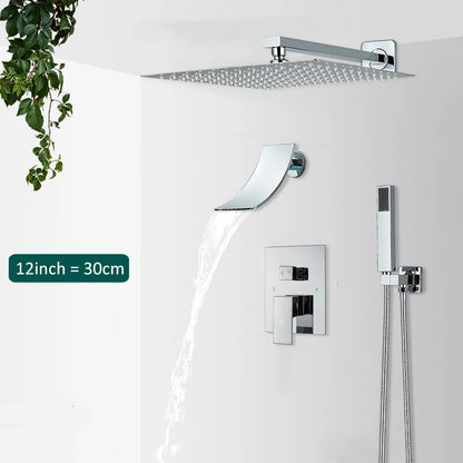Quyanre Wall Mount Bathroom Rain Waterfall Shower Faucets Set Concealed Chrome Shower System Bathtub Shower Mixer Faucet Tap