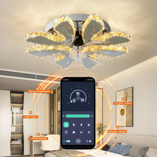 Modern Ceiling Fan Lamp APP Remote Control Crystal Led Chandelier Fan Light Bedroom Living Room Home Appliance Decor Fixture