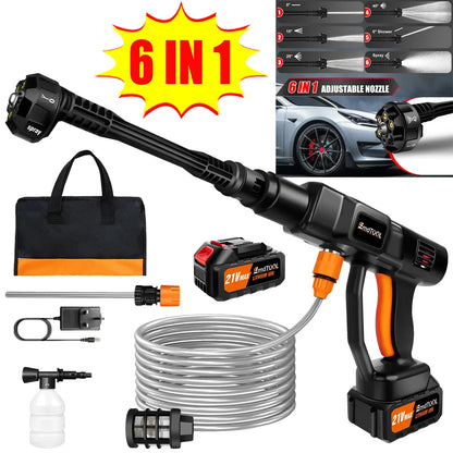 21V Cordless Power Washer Gun, Portable Pressure Cleaner with 2 Batteries & 5M Hose, 25CM Jet Wash for Car, Bike, Yard, Home