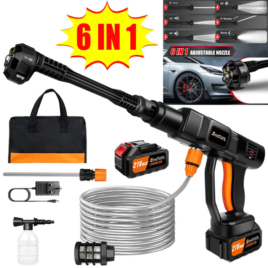 21V Cordless Power Washer Gun, Portable Pressure Cleaner with 2 Batteries & 5M Hose, 25CM Jet Wash for Car, Bike, Yard, Home