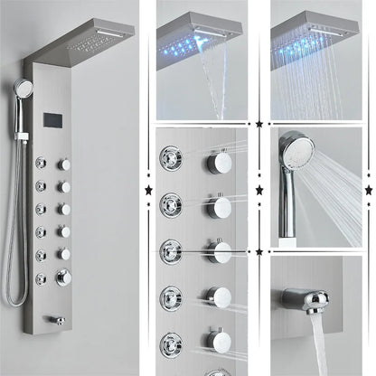 Black/Brushed Bathroom Shower Faucet Set LED Rainfall Shower Panel System Bathtub Water Mixer Tap Massage SPA Temperature Screen