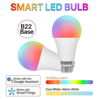 2pcs Smart Light Bulb B22 Bayonet 220V Colour Changing Light Compatible with Echo Alexa Google Home 9W RGBCW Bluetooth WiFi
