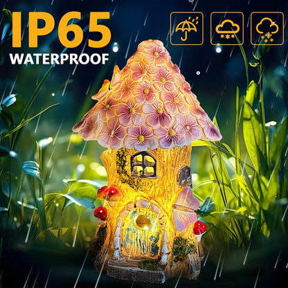 Fairy Garden House Solar Outdoor Statue, Light Up Mushroom Figurines Lawn Decorations for Yard, Fairies for Miniature House