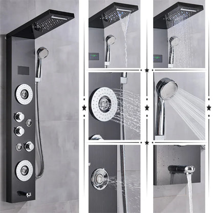 Black/Brushed Bathroom Shower Faucet Set LED Rainfall Shower Panel System Bathtub Water Mixer Tap Massage SPA Temperature Screen