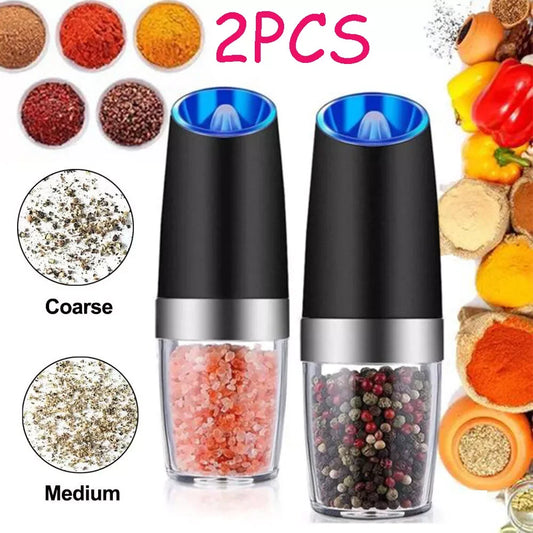 Gravity Electric Pepper and Salt Grinder Set Adjustable Coarseness Battery Powered with LED Light Stainless Steel Black 2 Pack