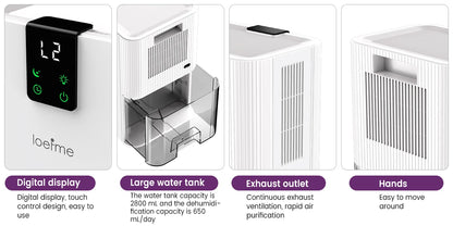 LOEFME Silent Dehumidifier 2.8L Large Air Dehumidifier 650ml/Day with Touch Display LED Light for Home Bedroom Office Basement